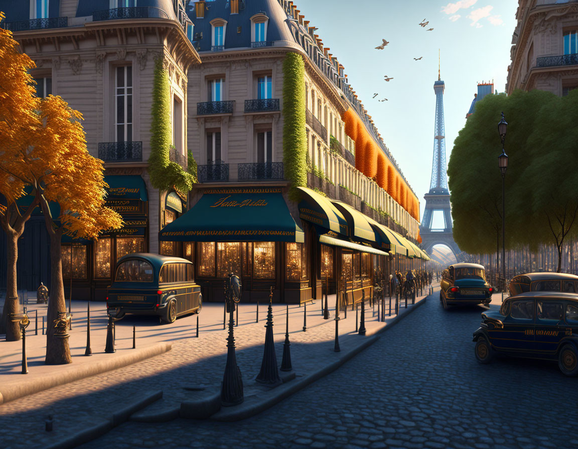 Parisian Street Scene with Vintage Cars and Eiffel Tower