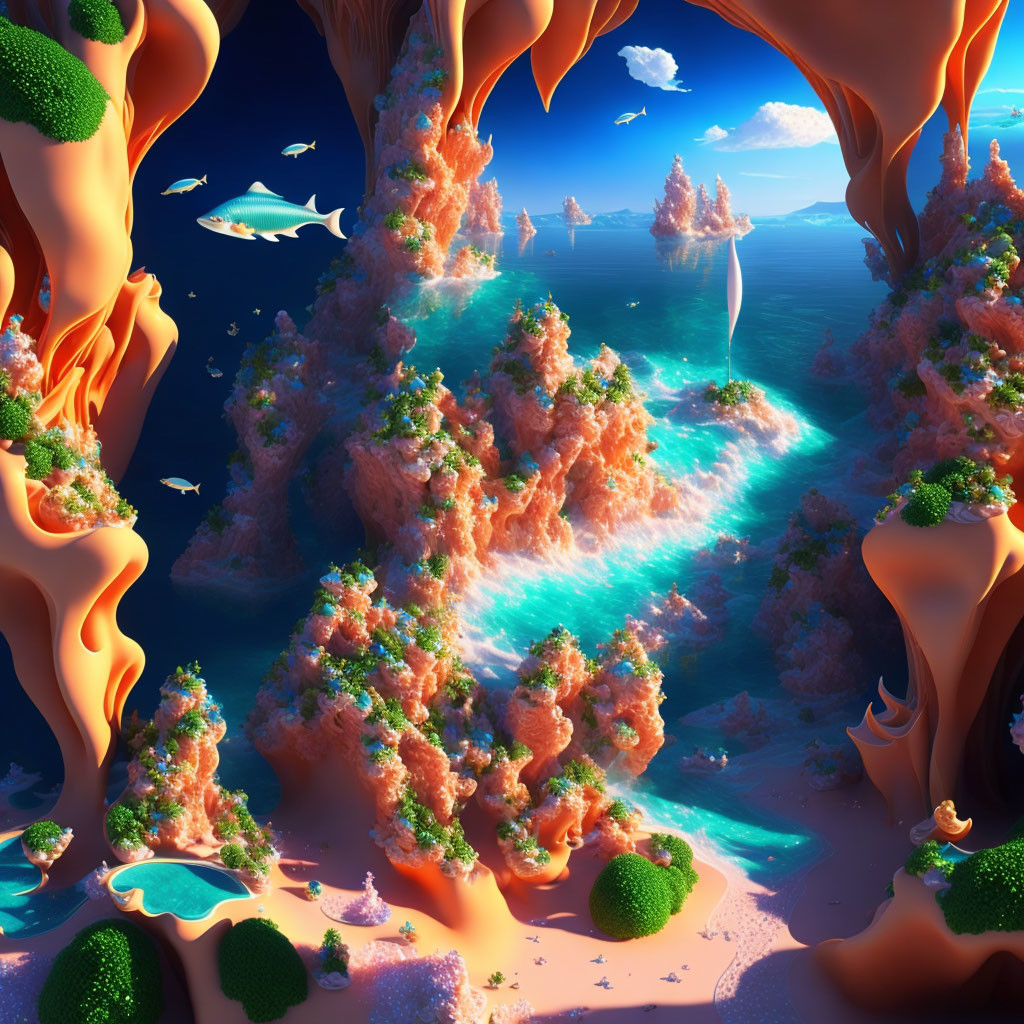 Surreal landscape with coral-like formations and blue stream