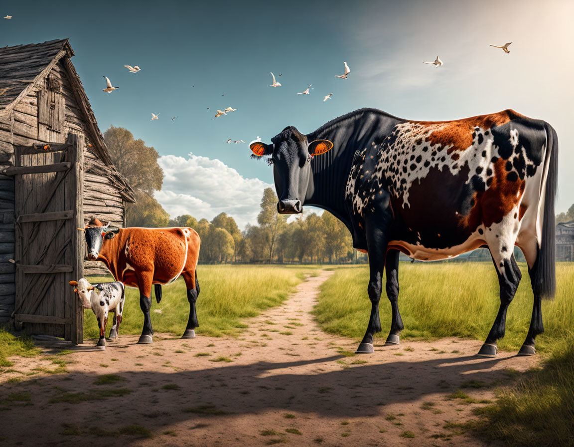 Rural landscape with three cows, birds, and old barn