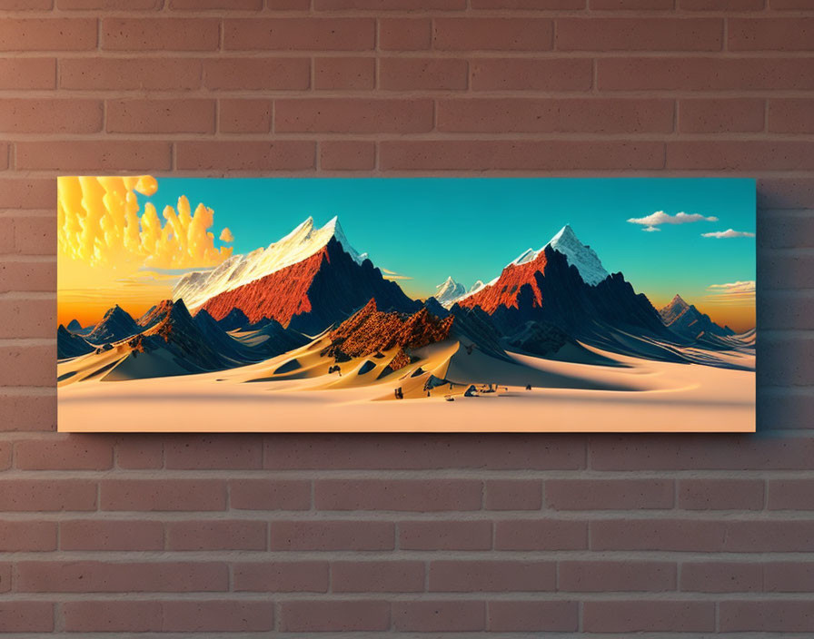 Snowy Mountain Peaks at Sunset on Canvas Print Hung on Brick Wall