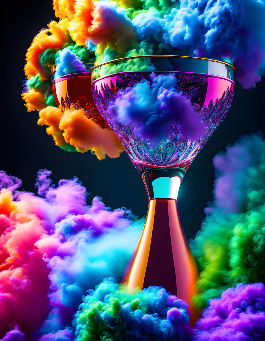 Colorful digital artwork: glass goblet with swirling clouds