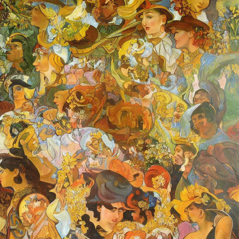 Art Nouveau Style Illustration with Women's Faces and Flowers