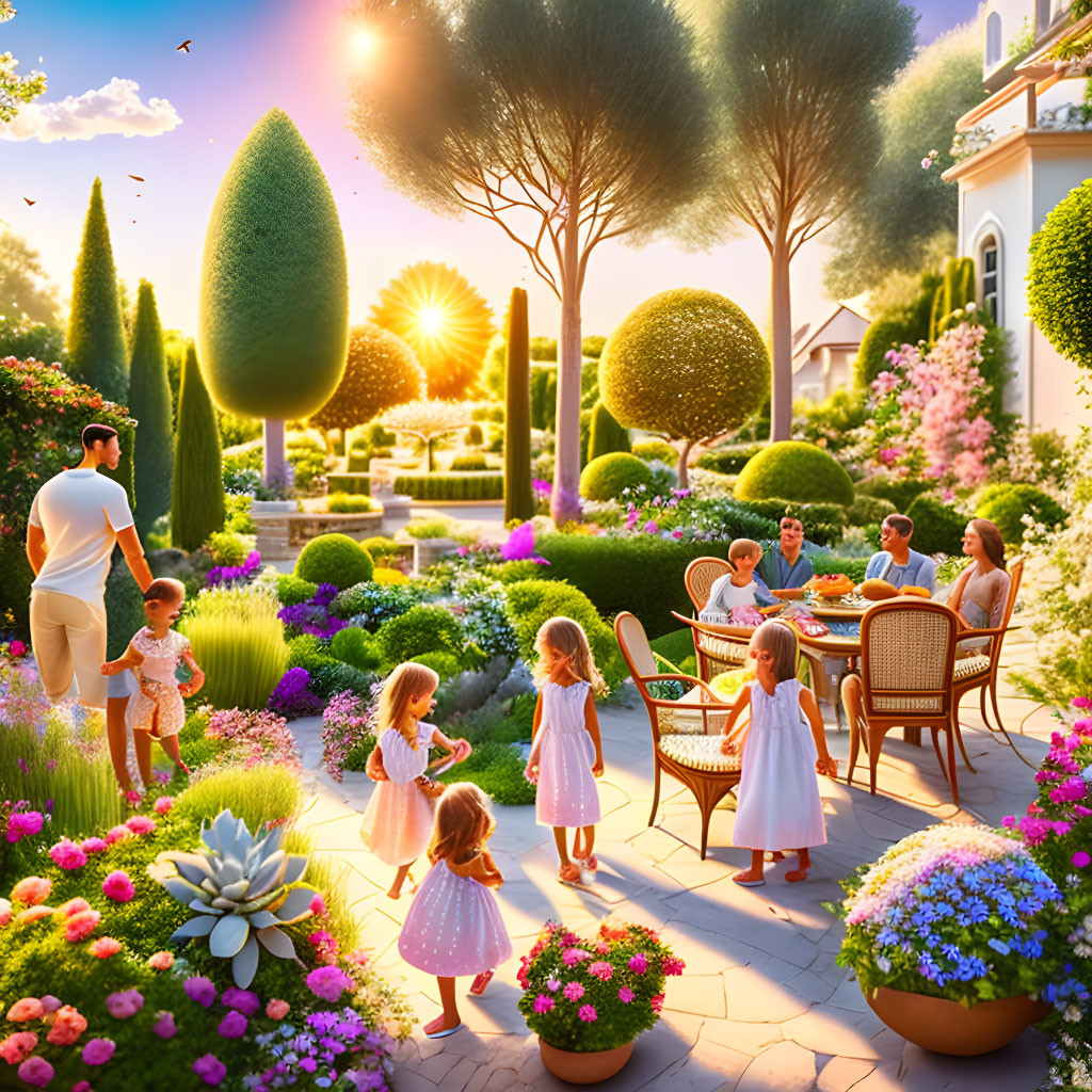 Family enjoying sunny day in blooming garden with children playing and dining setup under trees at sunset