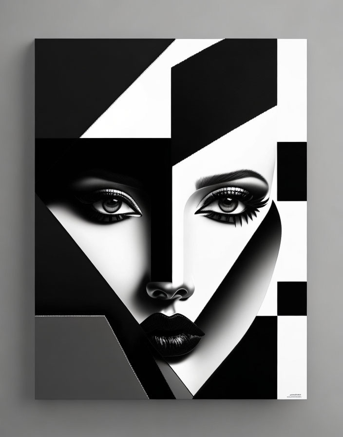 Monochromatic abstract painting of symmetrical face with geometric patterns and shading