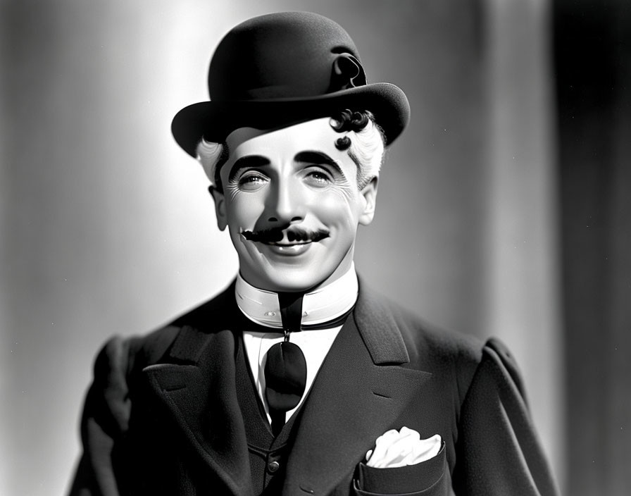 Monochrome image of person with painted-on mustache and bowler hat