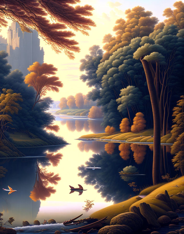 Tranquil landscape with glassy river, colorful trees, city skyline, and birds.