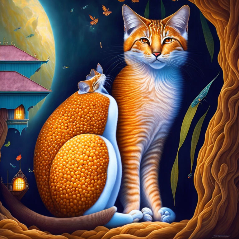 Orange tabby cat with white egg, butterflies, and lantern in surreal night scene