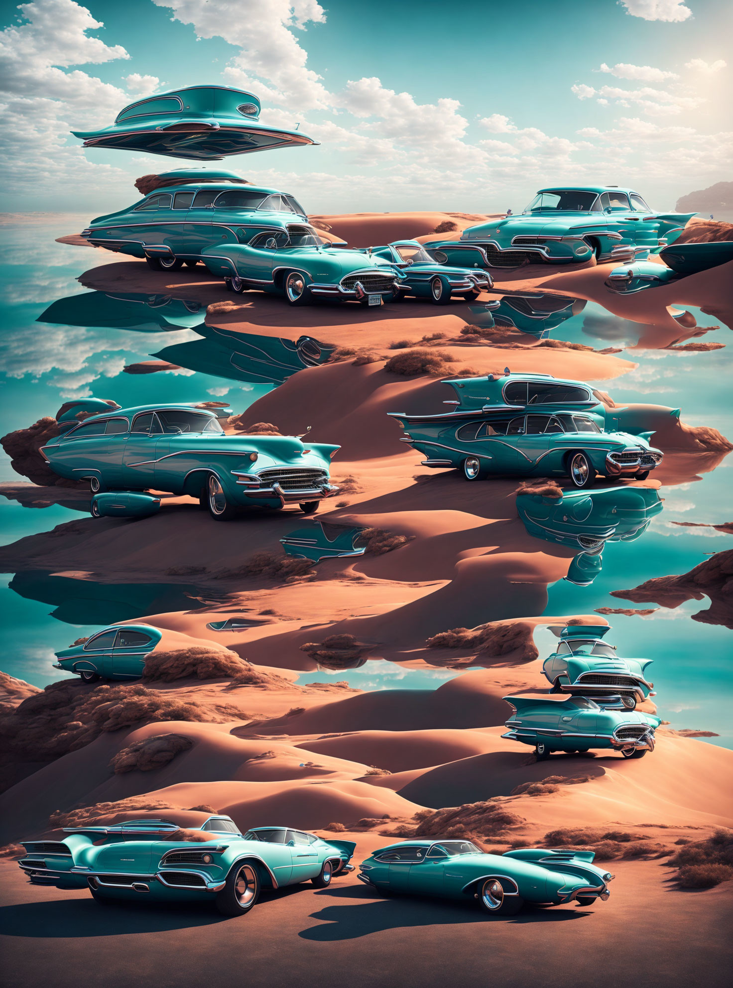 Vintage cars on rocky platforms in desert landscape under cloudy sky