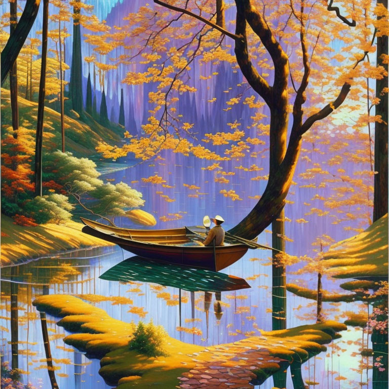 Golden tree and serene lake scene with person in boat