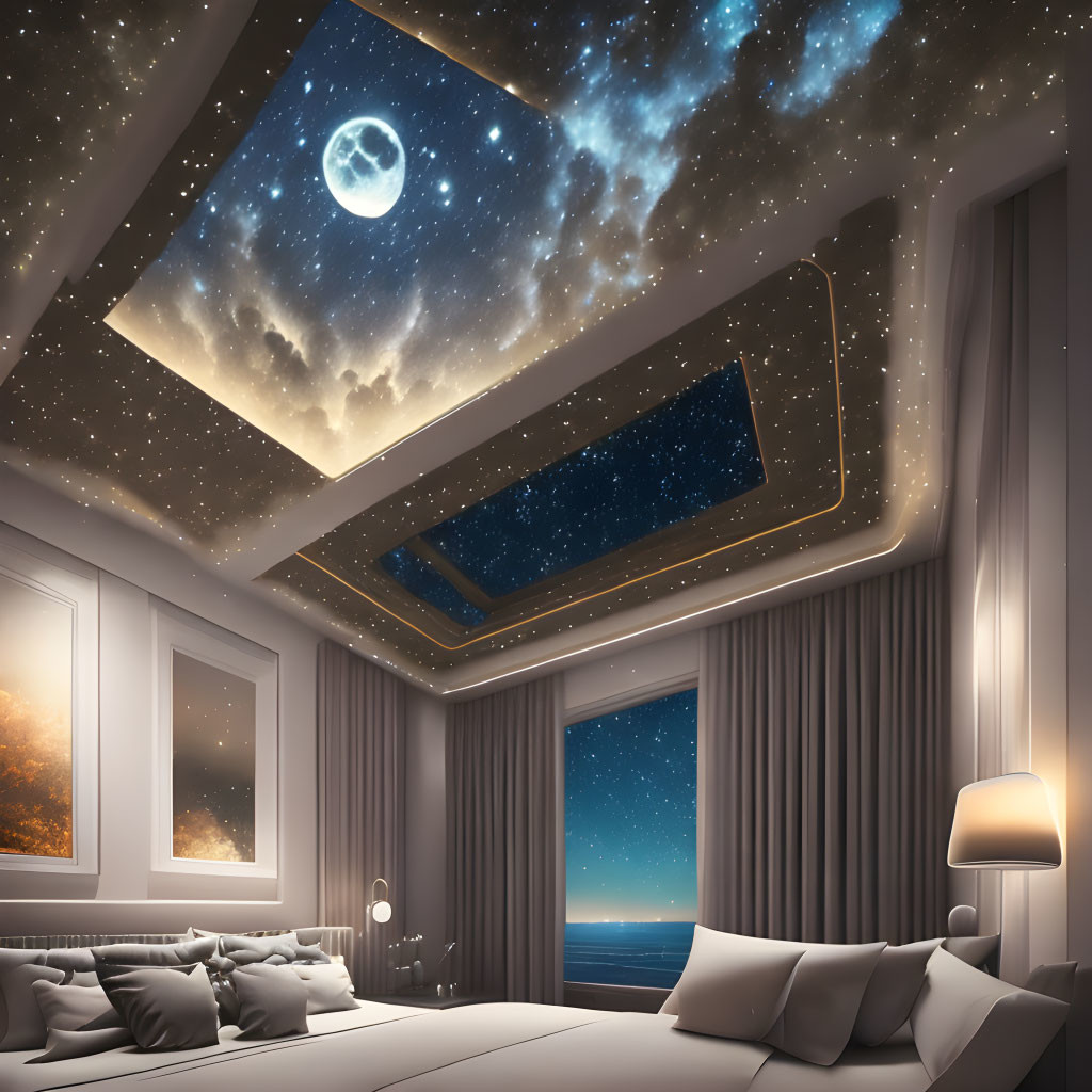 Spacious bedroom with artful night sky ceiling and ocean view window