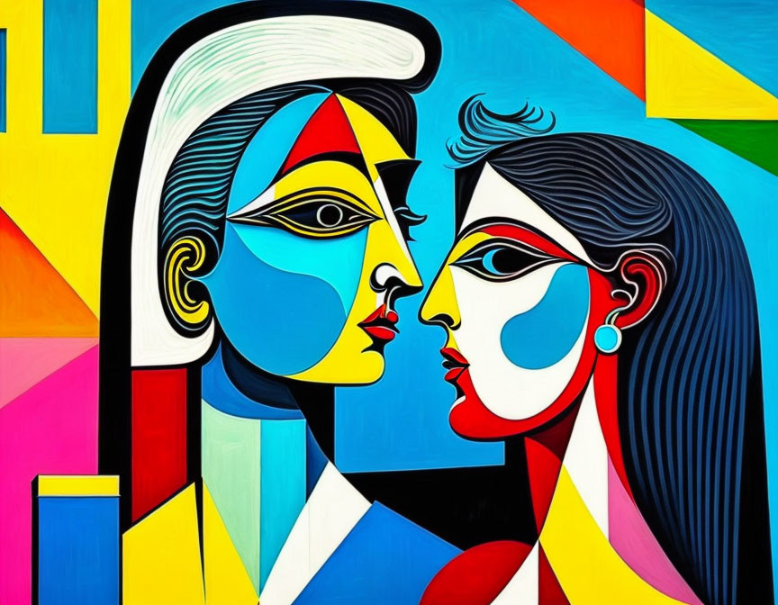 Abstract Painting: Colorful Profile Faces with Geometric Patterns