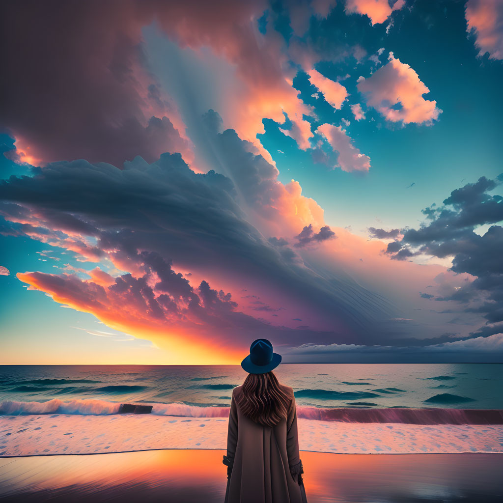 Person in hat and coat on beach at sunset with colorful sky and clouds reflected on water