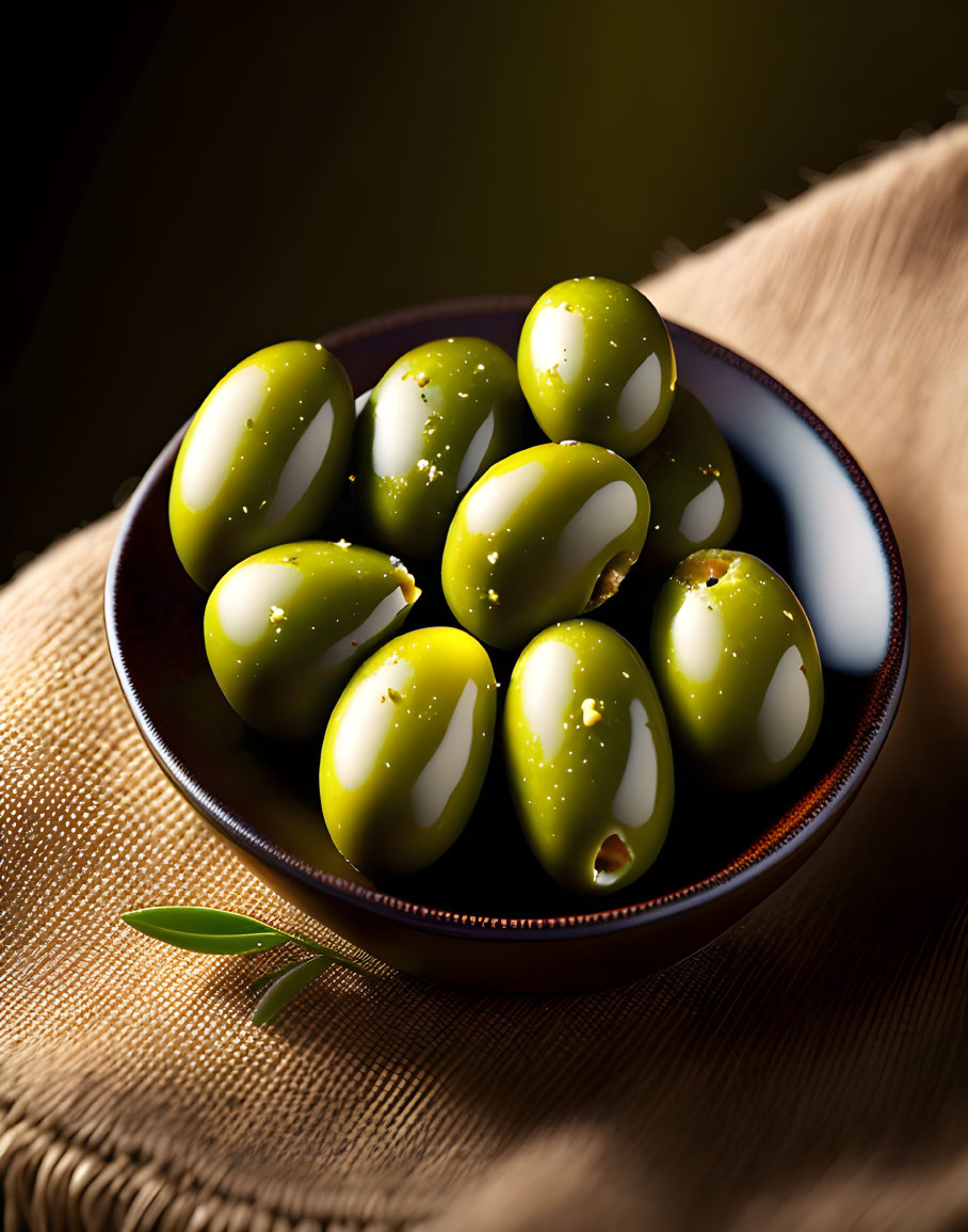 Glossy green olives with seasoning on woven mat and greenery