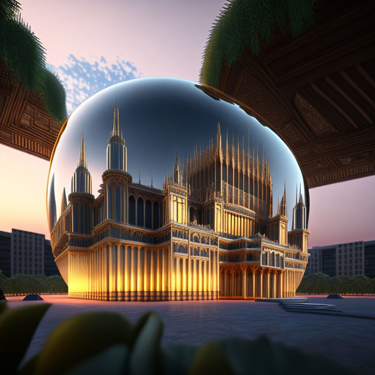 Spherical structure distorts gothic building in cityscape at sunset