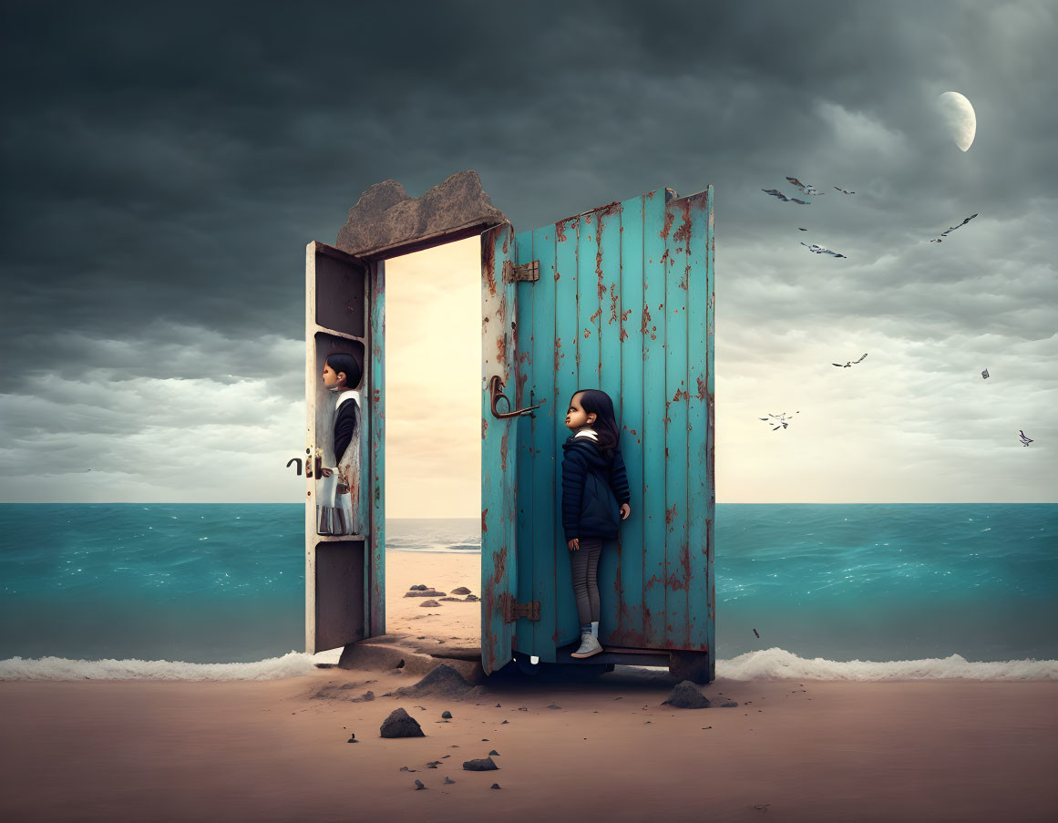 Surreal beach scene with man and woman by open door