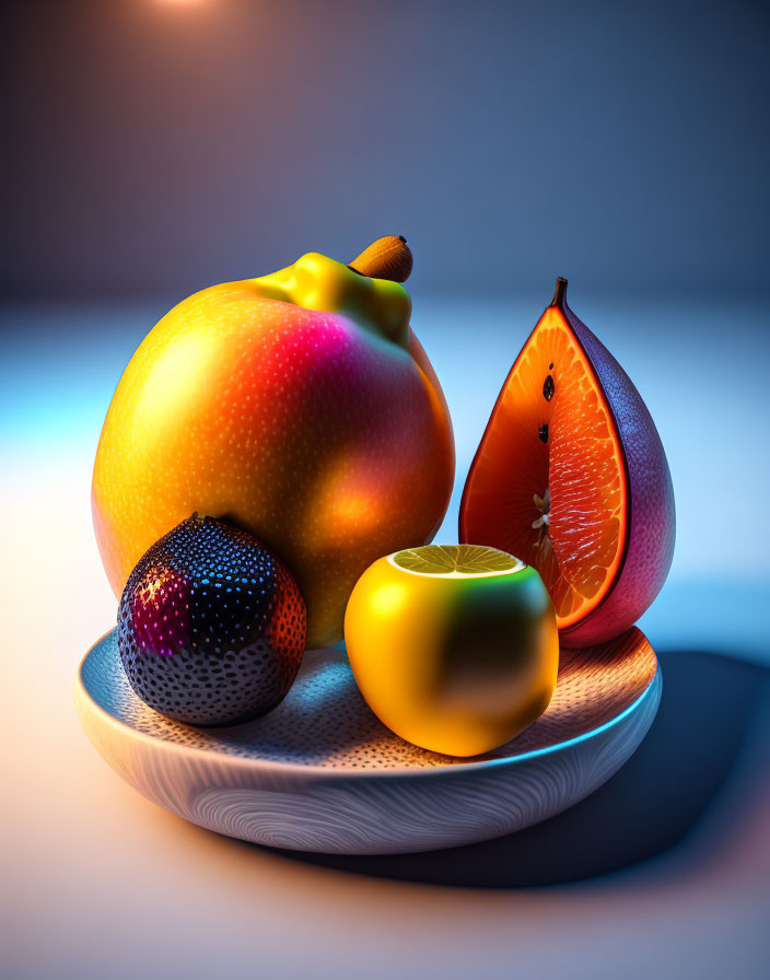 Colorful digitally-rendered fruit on glossy circular tray under soft light