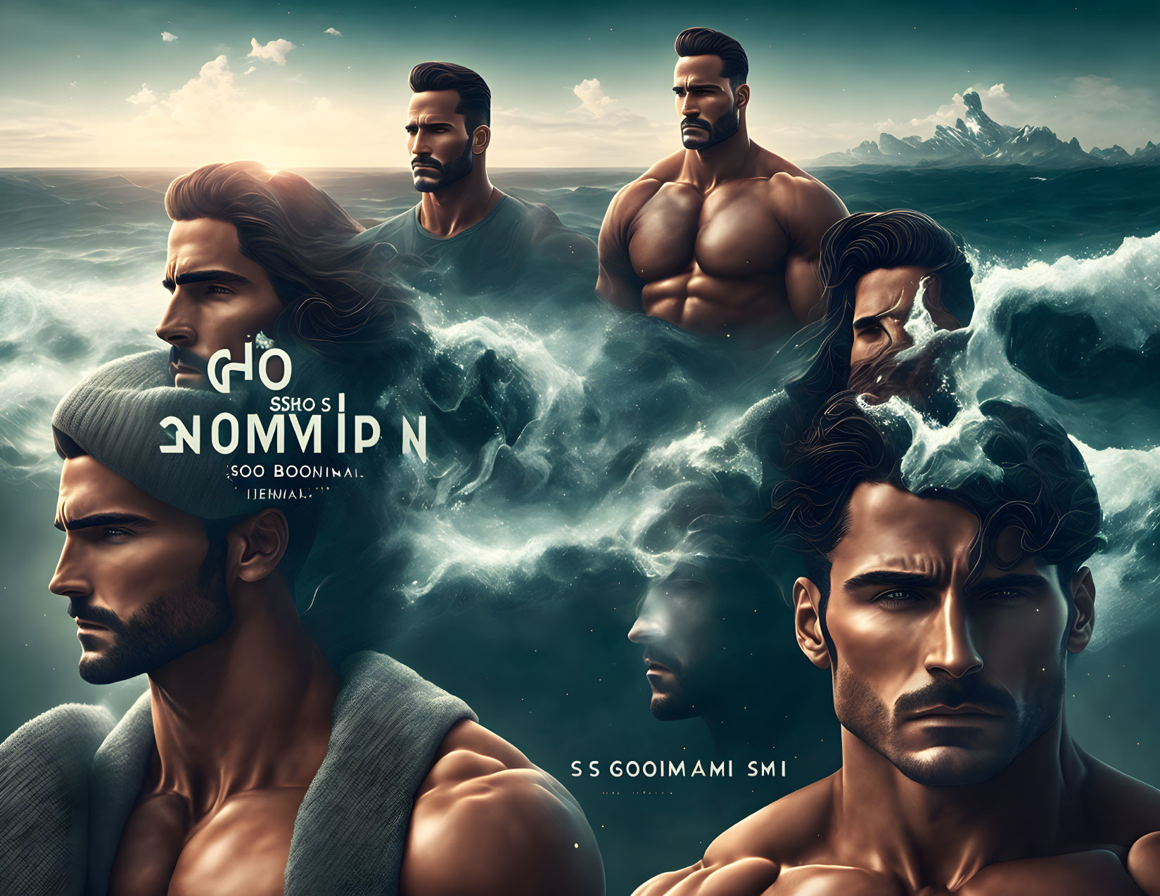 Stylized muscular men against ocean waves and clouds