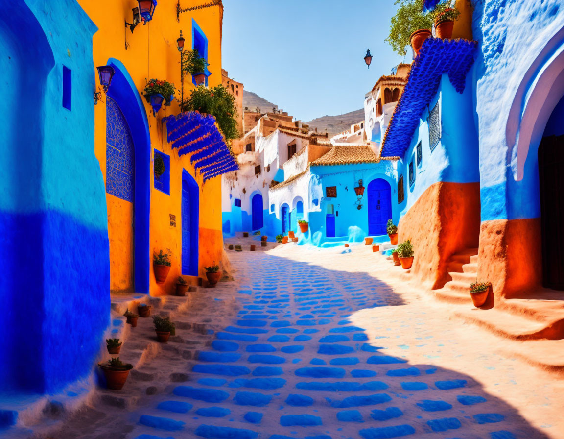 Blue-painted buildings on cobblestone street in Chefchaouen, Morocco