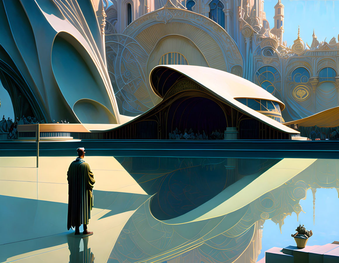 Futuristic ornate building with reflective surfaces by still water