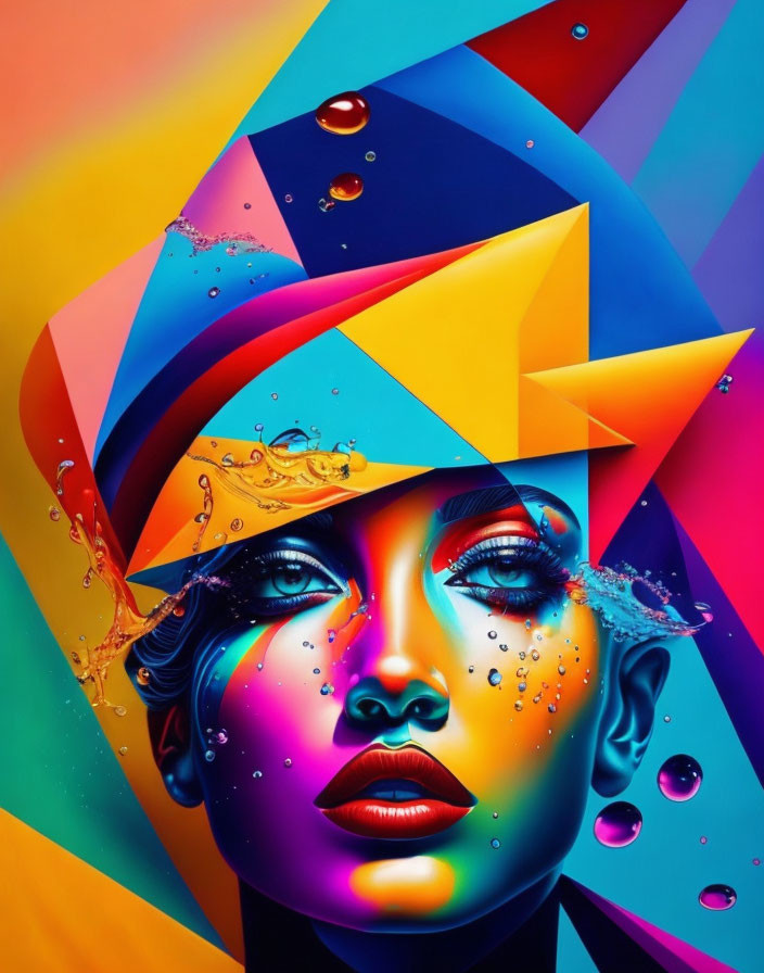 Colorful surreal portrait with abstract shapes and floating droplets.