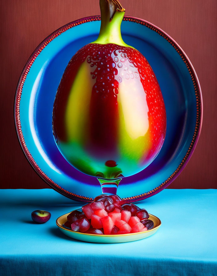 Colorful surreal image: Large pear with water droplets on decorated plate above diced red fruit