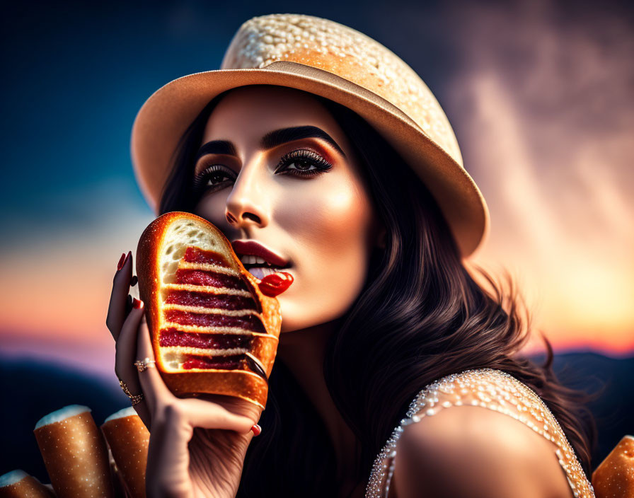 Woman in stylish hat bites grilled sandwich under twilight sky