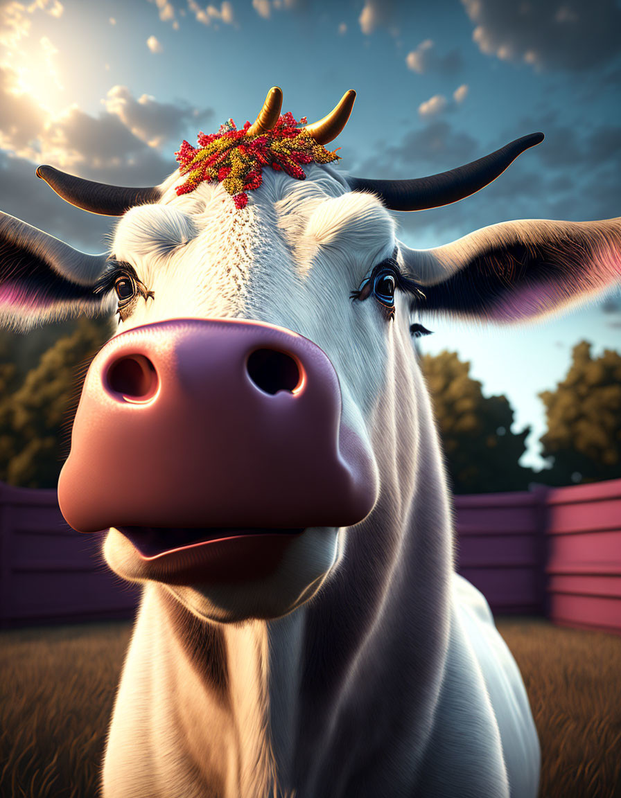 Cow with flower crown in whimsical sunset setting