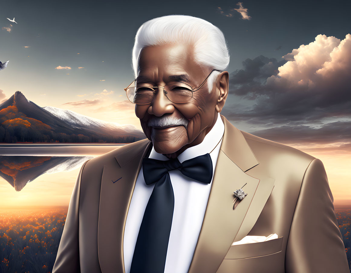 Elderly gentleman in beige suit and bow tie against mountain sunset