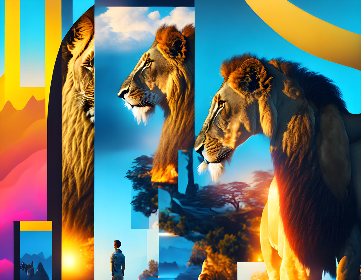 Colorful digital collage: man with lions in geometric shapes