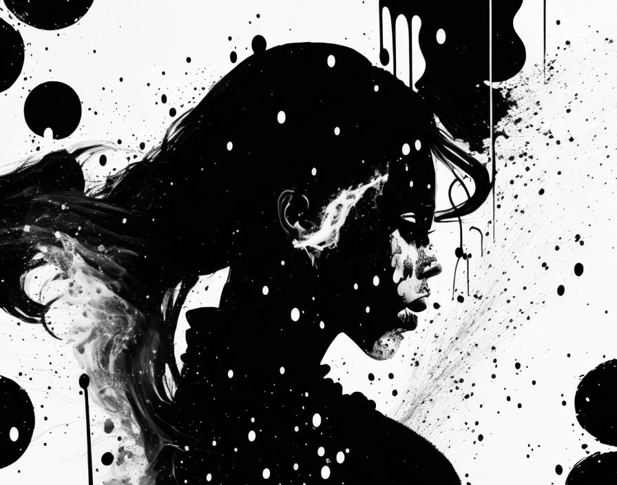 Abstract Woman Silhouette with Black Ink Splatters on White Background