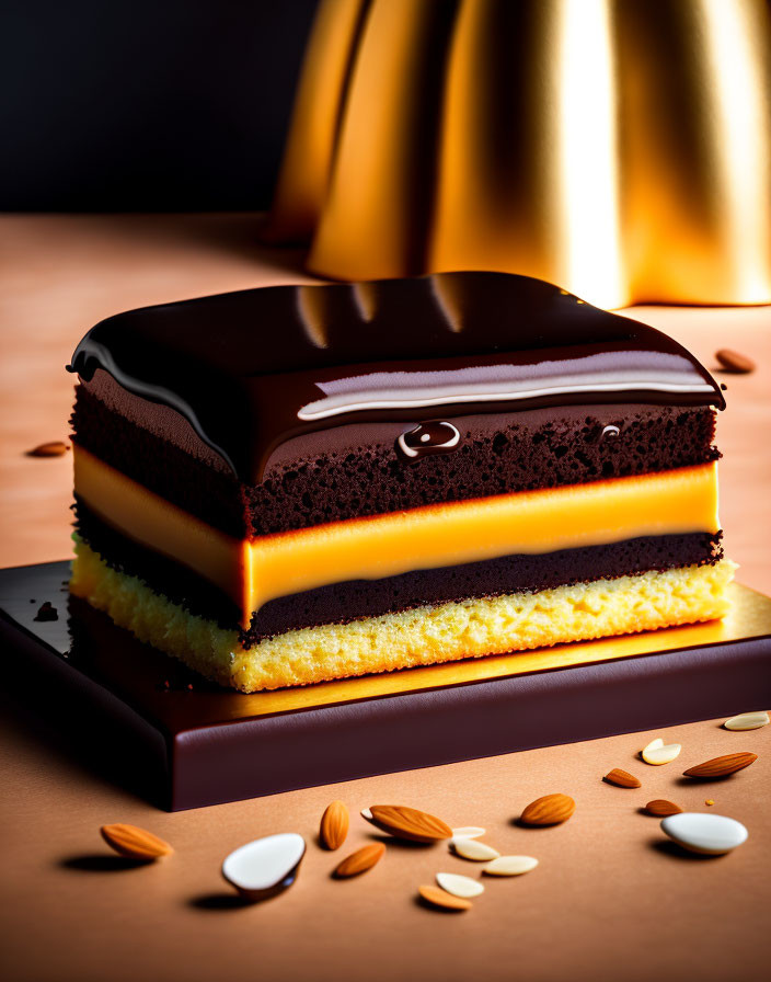 Chocolate-Glazed Layered Cake with Almonds on Black Plate