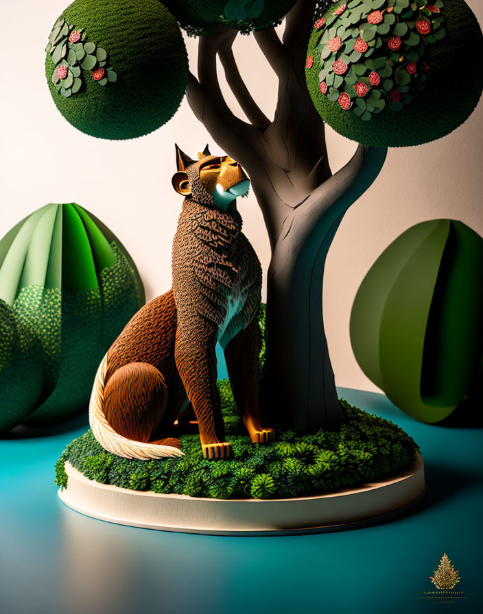 Whimsical 3D illustration of vigilant fox under lush tree