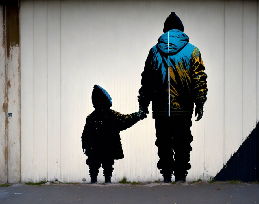 Silhouette of adult and child holding hands with colorful street art backdrop