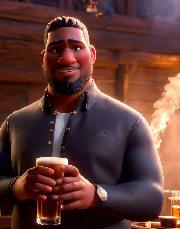 Smiling animated character with beard holding beer glass in cozy tavern