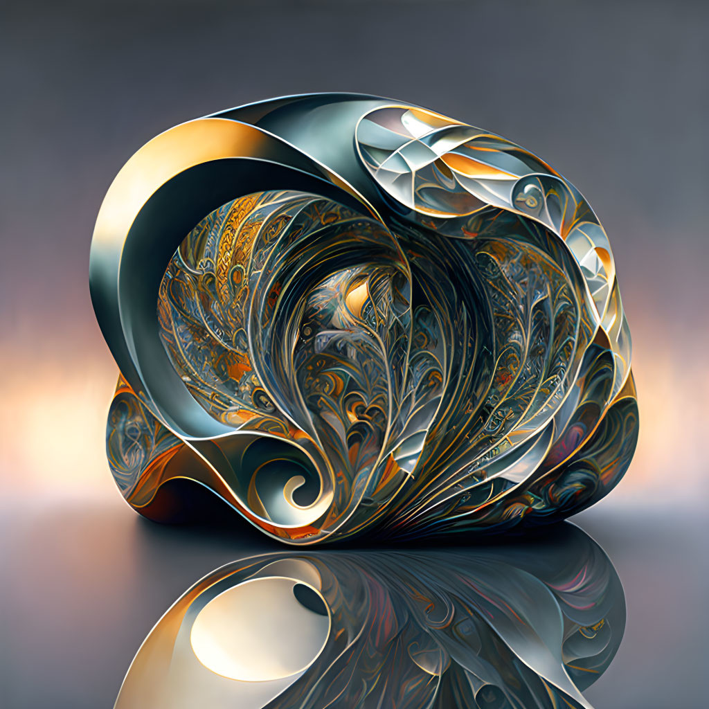 Intricate Fractal Sculpture with Swirls and Loops on Glossy Surface