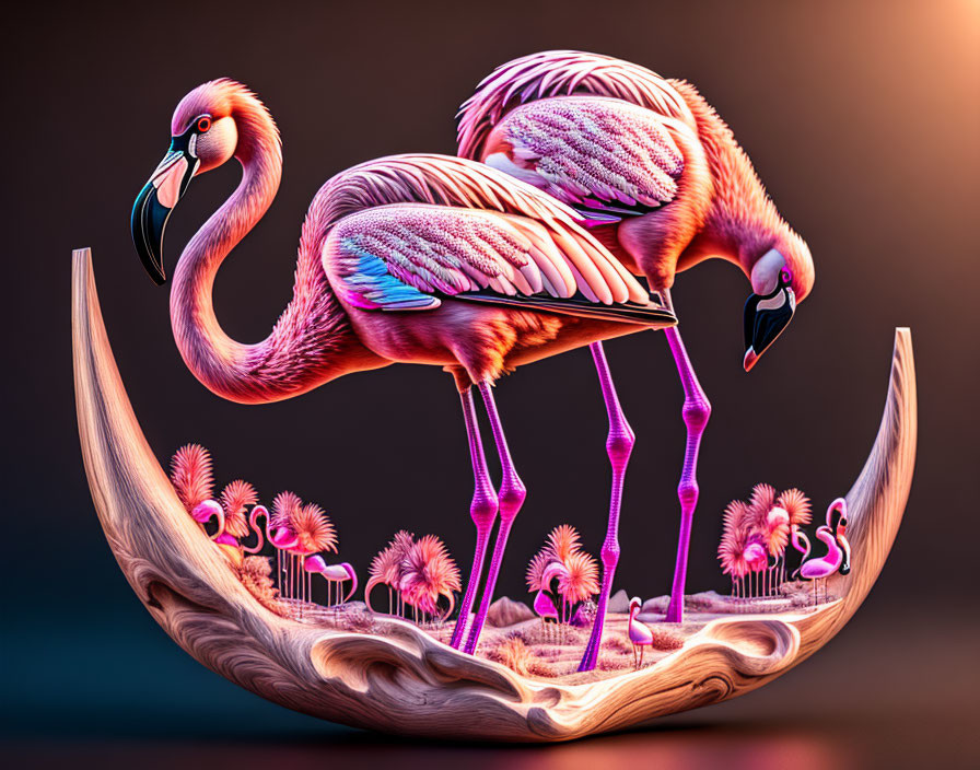 Vibrant flamingos in moon-shaped vessel with palm trees - surreal scene