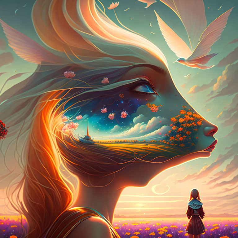 Surreal illustration: Woman with sunset reflection, second figure in flower field