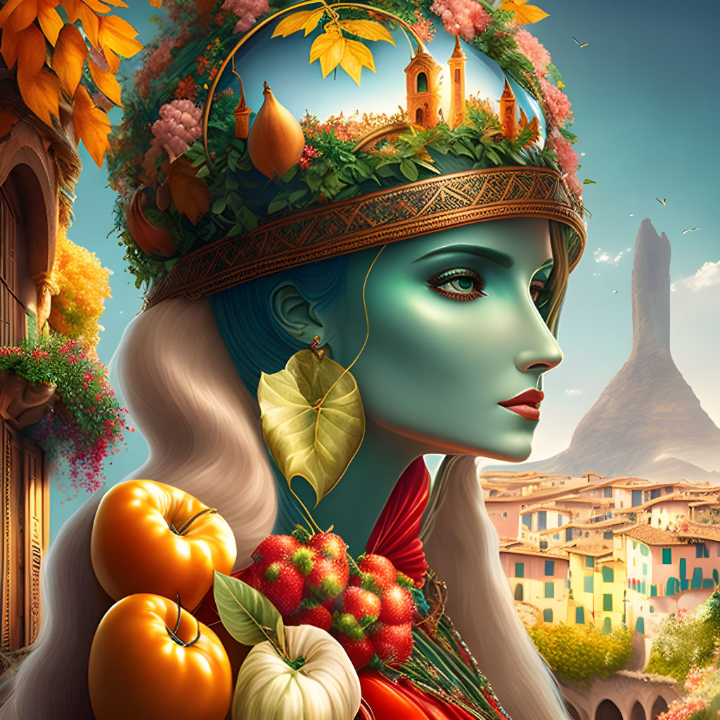 Surreal portrait of woman with blue skin and fruit crown in village setting