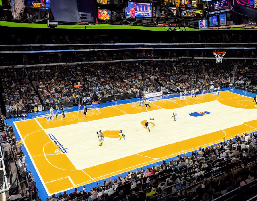 Crowded indoor basketball arena during live game