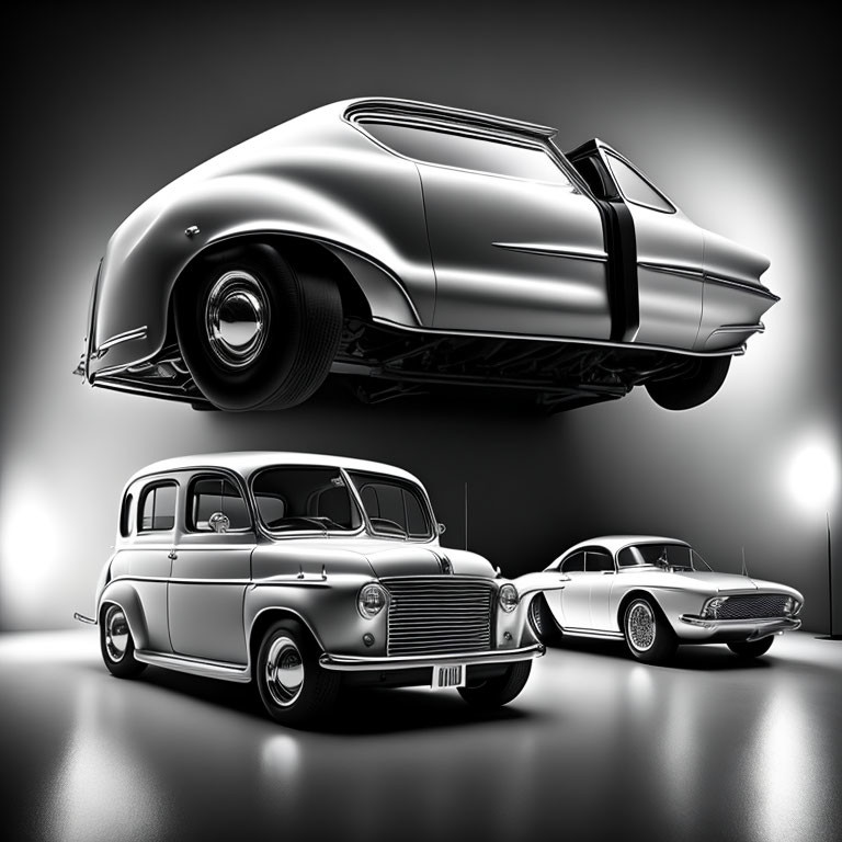 Vintage Cars in Grayscale on Reflective Surface