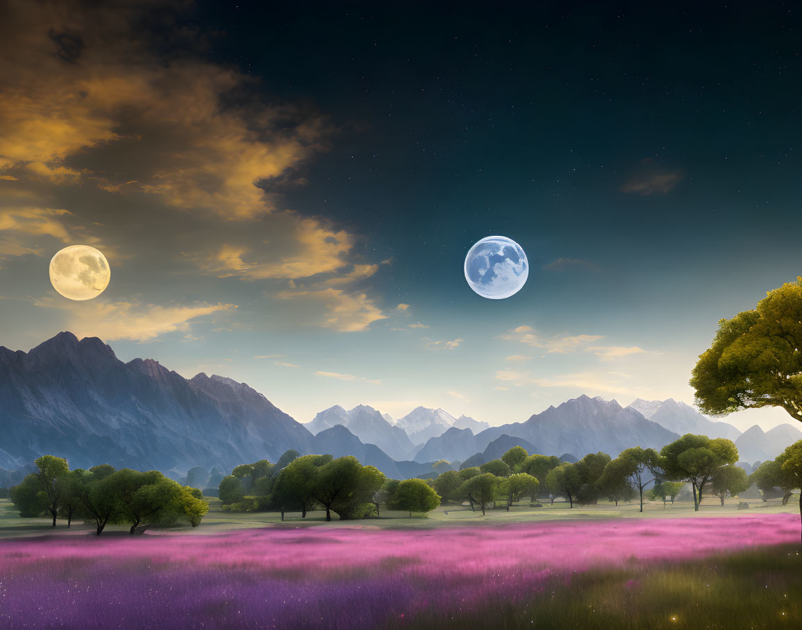 Surreal landscape with two moons, purple fields, trees, and mountains at dusk