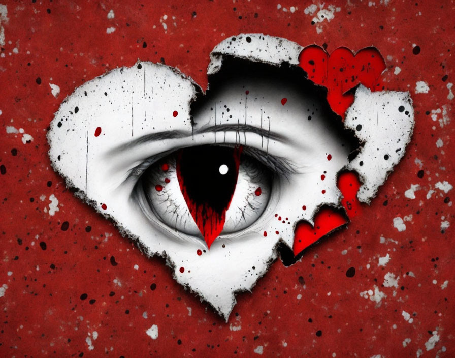 Realistic eye with red pupil in heart-shaped tear on red splattered background