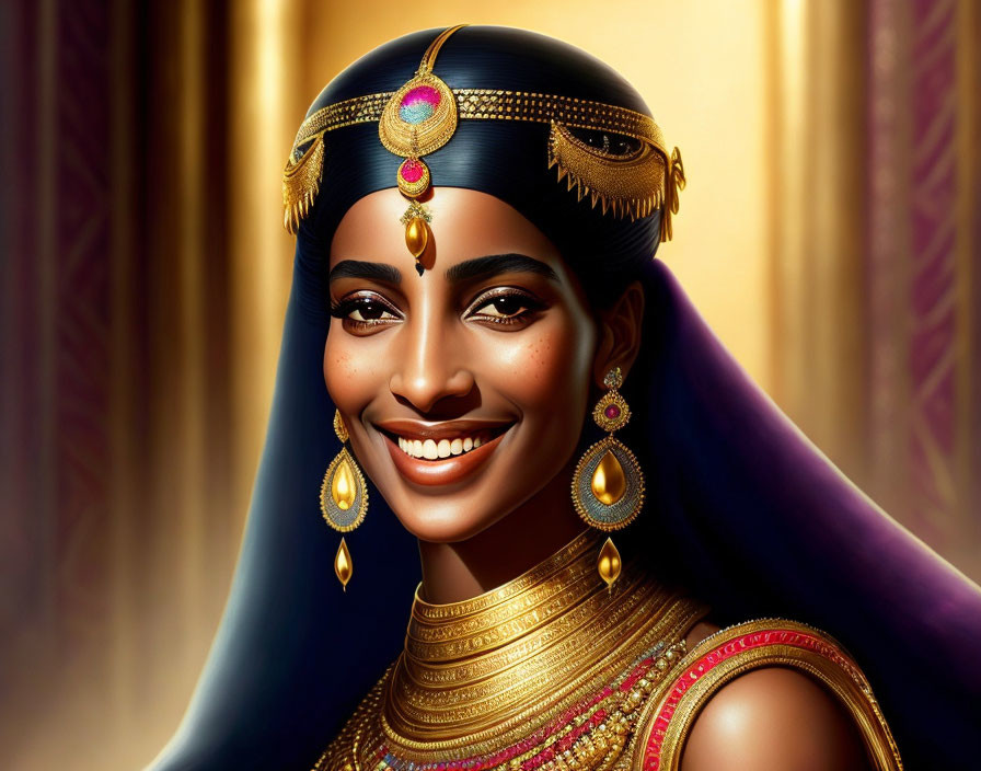 Ancient Egyptian woman with dark hair in gold jewelry and purple garment