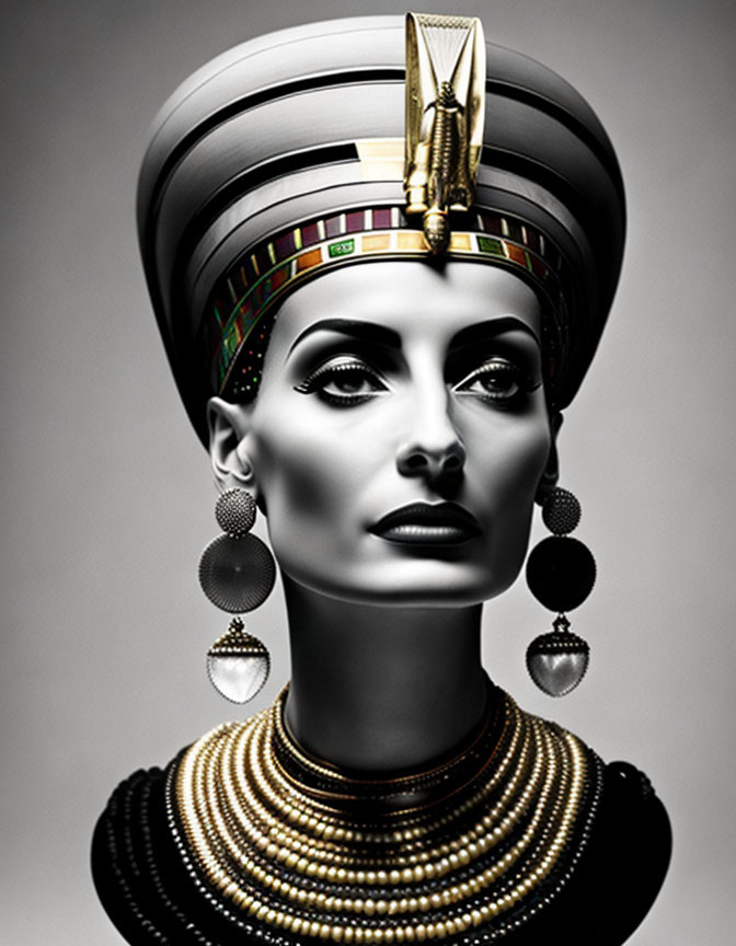 Ancient Egyptian queen-inspired woman with ornate headdress & jewelry