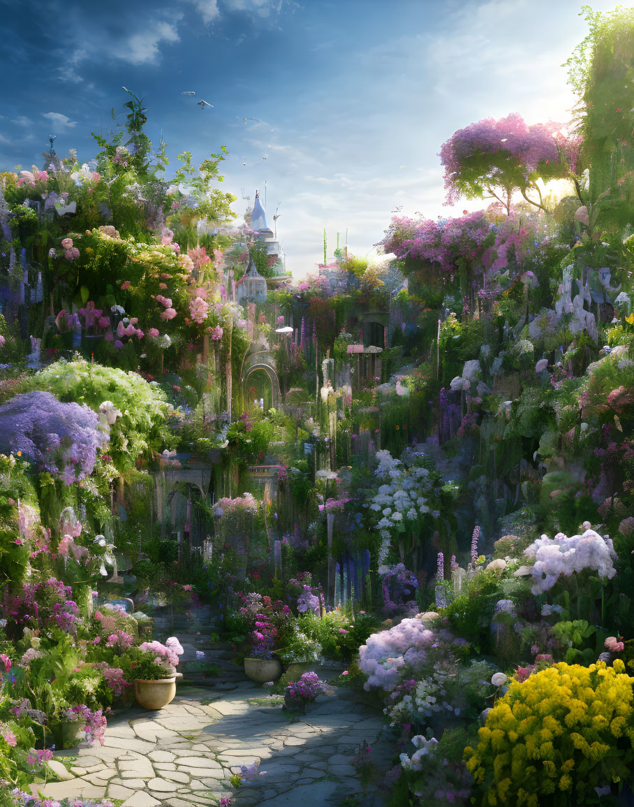 Vibrant flowers and overgrown foliage in lush garden with fantastical castle under sunlight.