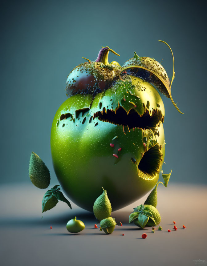 Surreal green tomato with peeling layer revealing miniature landscape