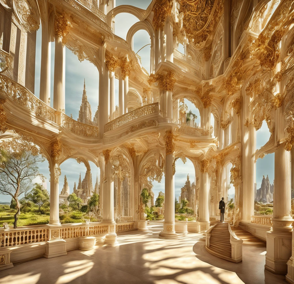 Opulent Baroque interior with golden decor and garden view