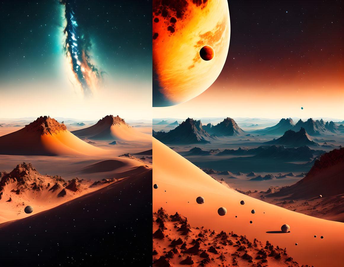 Digital art scenes of surreal extraterrestrial landscapes with dunes, galaxy, planets, and starry