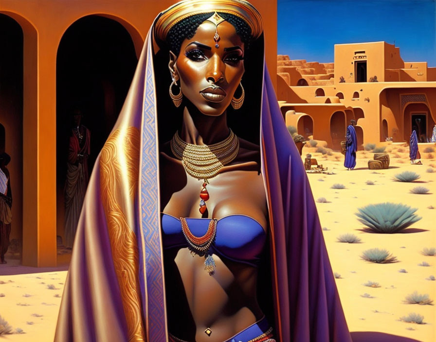 Illustrated woman in vibrant fabrics in desert with traditional figures