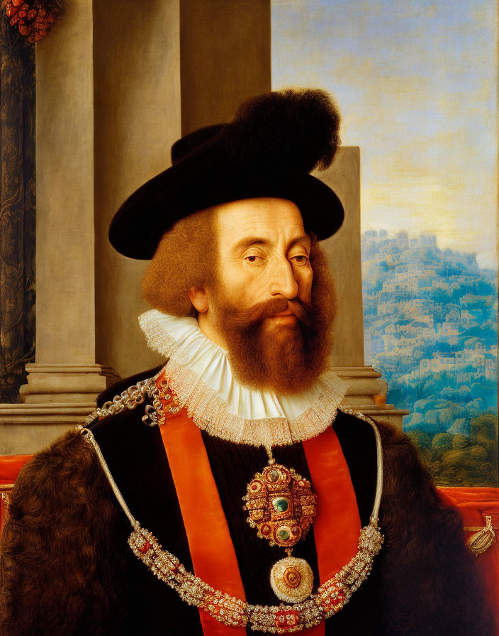 Bearded man in regal attire with black hat and jewels, against classical landscape.